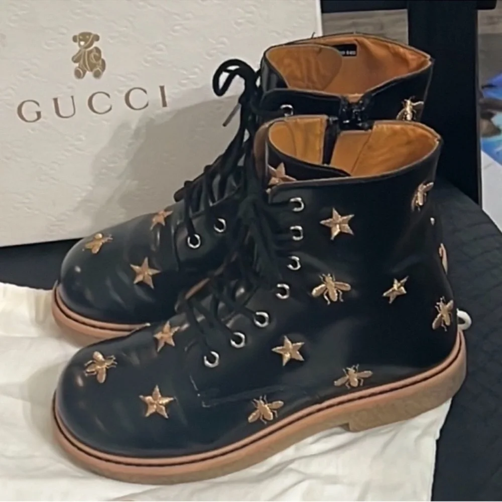 Authentic Gucci luxury designer embroidered lace up leather boots sz 12 kids